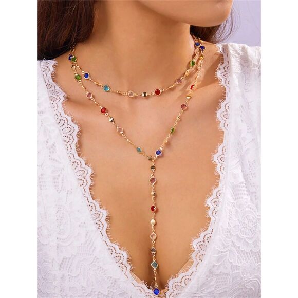 Multi Color Cubic Zirconia Y Necklace Choker Double Layer Silver Chain Set New - Picture 4 of 4
